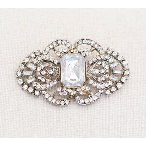 Vintage Art Deco White Stone Intricate Silver Tone Rhinestones Brooch - A11